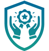 Hands holding award emblem in shield