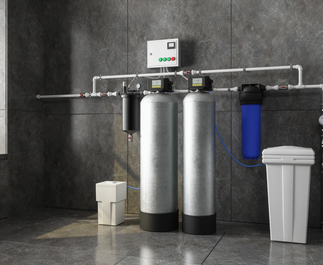 Water filtration system with tanks